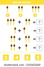 Adición con pincel amarillo lindo. Juego educativo de matemáticas para niños. 