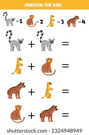 Adición con diferentes animales africanos. Juego educativo de matemáticas para niños. 