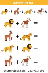 Adición con diferentes animales africanos. Juego educativo de matemáticas para niños. 