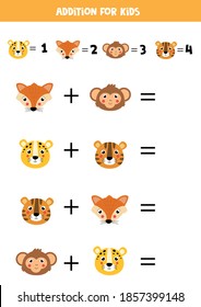 Addition with different animal faces. Educational math game for kids. 