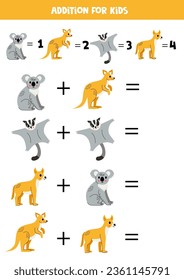 Adición con diferentes animales australianos. Juego educativo de matemáticas para niños. 