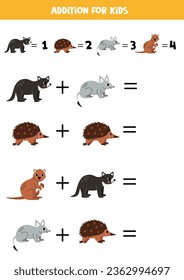 Adición con diferentes animales australianos. Juego educativo de matemáticas para niños. 