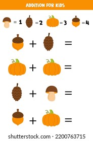 Addition with different autumn elements. Educational math game for kids. 