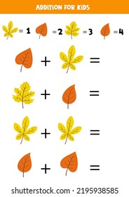 Addition with different autumn leaves. Educational math game for kids. 