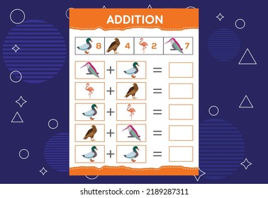 Addition with different birds for kids. An educational worksheet for kids. Vector design