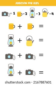 Addition with different camping elements. Educational math game for kids. 