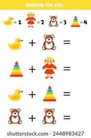 Addition with different cartoon toys. Educational math game for kids. 