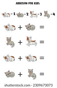 Addition with different cats and dogs. Educational math game for kids. 