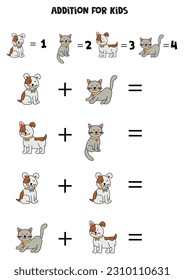 Addition with different cats and dogs. Educational math game for kids. 