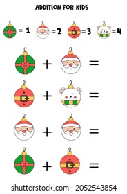 Addition with different Christmas balls. Educational math game for kids. 