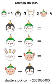 Addition with different Christmas balls. Educational math game for kids. 