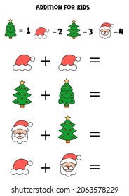 Addition with different Christmas elements. Educational math game for kids. 