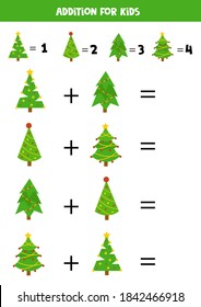 Addition with different Christmas fir trees. Math game.