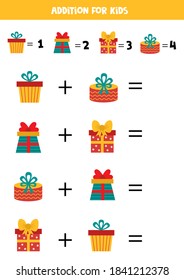 Addition with different Christmas present boxes. Math game.