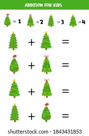 Adición con diferentes árboles de Navidad. Hoja de trabajo educativa.