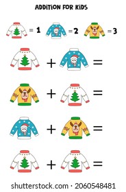 Addition with different Christmas ugly sweaters. Educational math game for kids. 