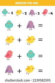 Addition with different cute birds. Educational math game for kids. 