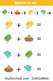Addition with different cute birds. Educational math game for kids. 