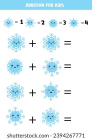 Adición con diferentes copos de nieve azules lindos. Juego educativo de matemáticas para niños. 