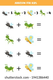 Addition with different cute insects. Educational math game for kids. 