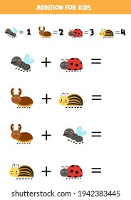 Addition with different cute insects. Educational math game for kids. 