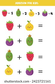 Addition with different cute kawaii fruits and berries. Educational math game for kids.