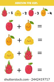 Addition with different cute kawaii fruits. Educational math game for kids.