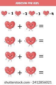 Addition with different cute kawaii hearts. Educational math game for kids. 