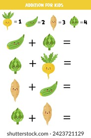 Addition with different cute kawaii vegetables. Educational math game for kids.