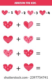 Adición con diferentes corazones rosas lindos. Juego educativo de matemáticas para niños. 