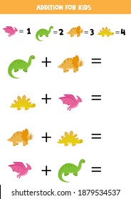 Addition with different dinosaurs. Educational math game for kids.