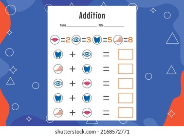 Addition with different elements for kids. An educational page for kids. Vector design