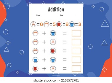 Addition with different elements for kids. An educational page for kids. Vector design