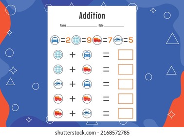 Addition with different elements for kids. An educational page for kids. Vector design