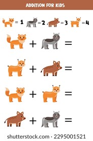 Addition with different forest animals. Educational math game for kids. 