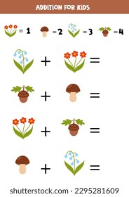 Addition with different forest flora. Educational math game for kids. 