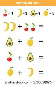 Addition with different fruits. Educational math game for kids. Basic algebra. Printable worksheet for learning to count. Solve the equations and write down the answer.