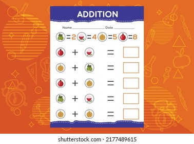 Addition with different fruits for kids. An educational worksheet for kids. Vector design