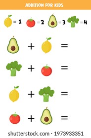 Addition with different fruits and vegetables. Educational math game for kids. 