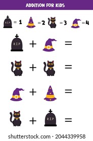 Addition with different Halloween elements. Educational math game for kids. 