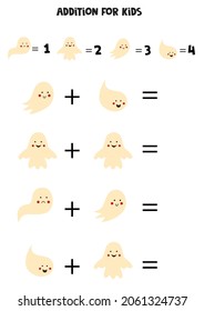 Addition with different Halloween ghosts. Educational math game for kids. 
