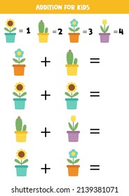 Addition with different houseplants. Educational math game for kids. 