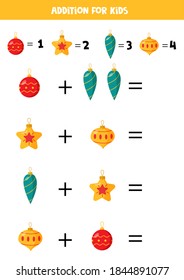 Adición con diferentes tipos de bolas navideñas. Juego de matemáticas para niños.