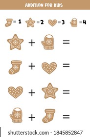 Addition with different kinds of Christmas gingerbread cookies. Math game for kids.