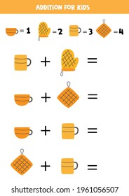 Addition with different kitchen utensils. Educational math game for kids. 