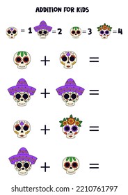 Addition with different Mexican skulls. Educational math game for kids. 