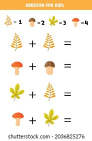 Adición con hongos y hojas diferentes. Juego educativo de matemáticas para niños. 
