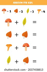 Addition with different mushrooms and leaves. Educational math game for kids. 