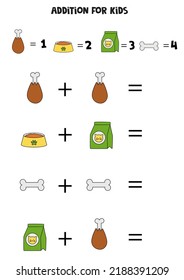 Addition with different pet accessories. Educational math game for kids. 