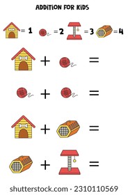 Addition with different pet accessories. Educational math game for kids. 